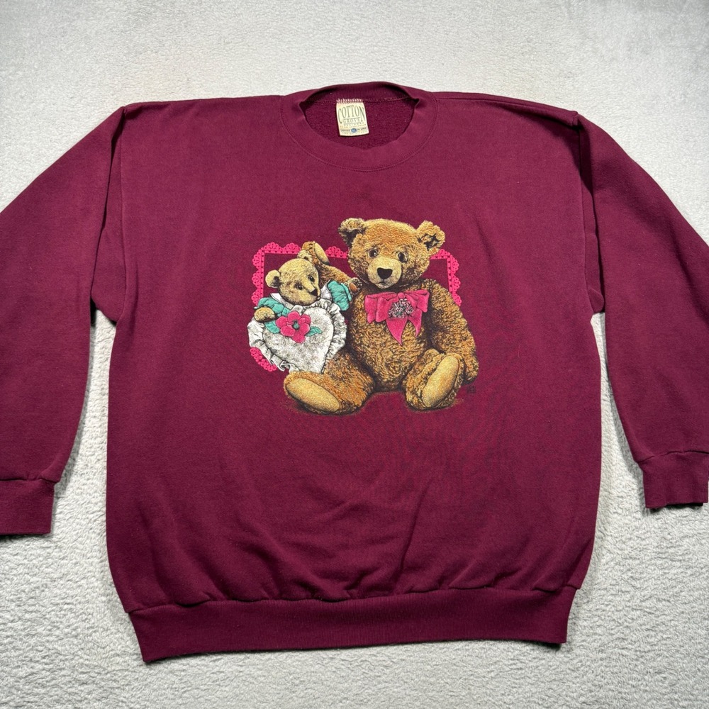 Vintage 90s Cotton Grove Sweatshirt Womens XL Maroon Teddy Bear Cottagecore USA